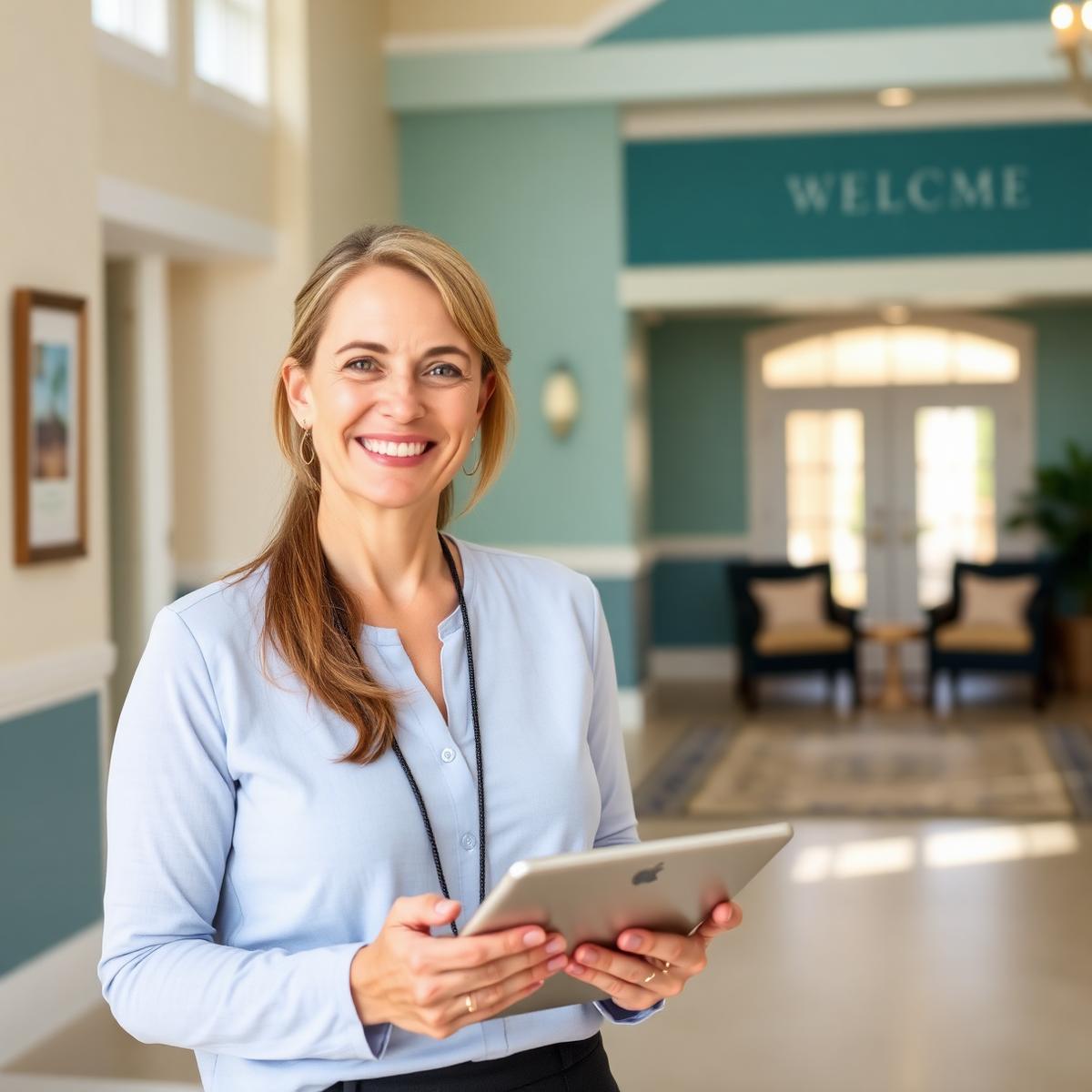 A senior living advisor holding a tablet, smiling warmly in a bright community lobby.