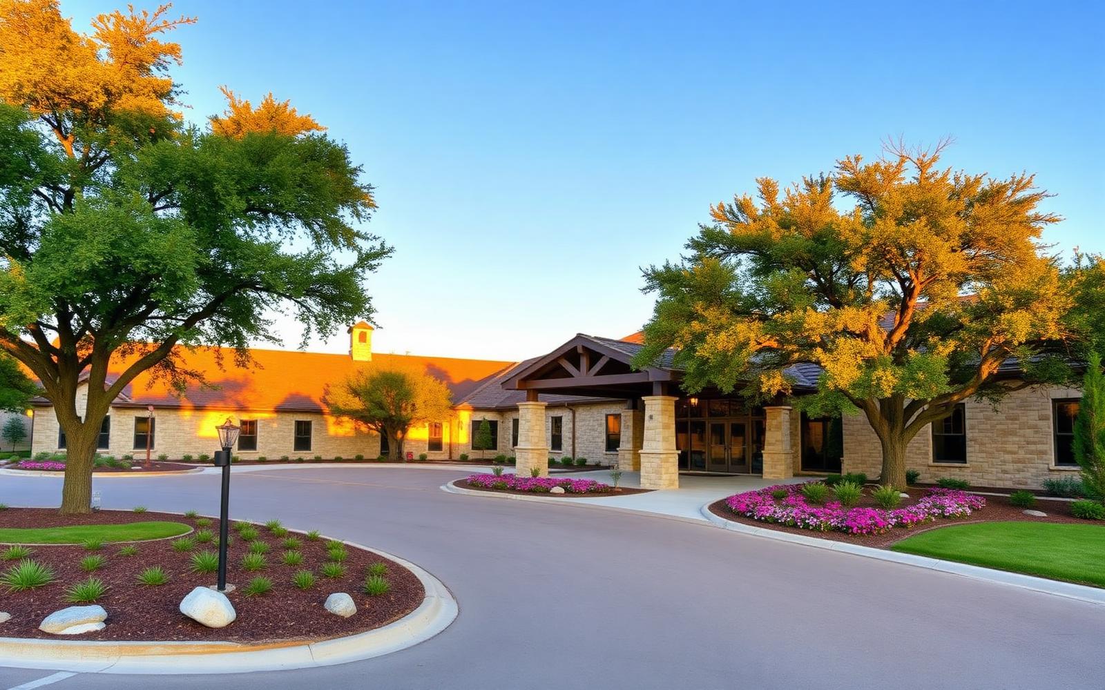 Limestone senior living community exterior surrounded by live oak trees in Central Texas.
